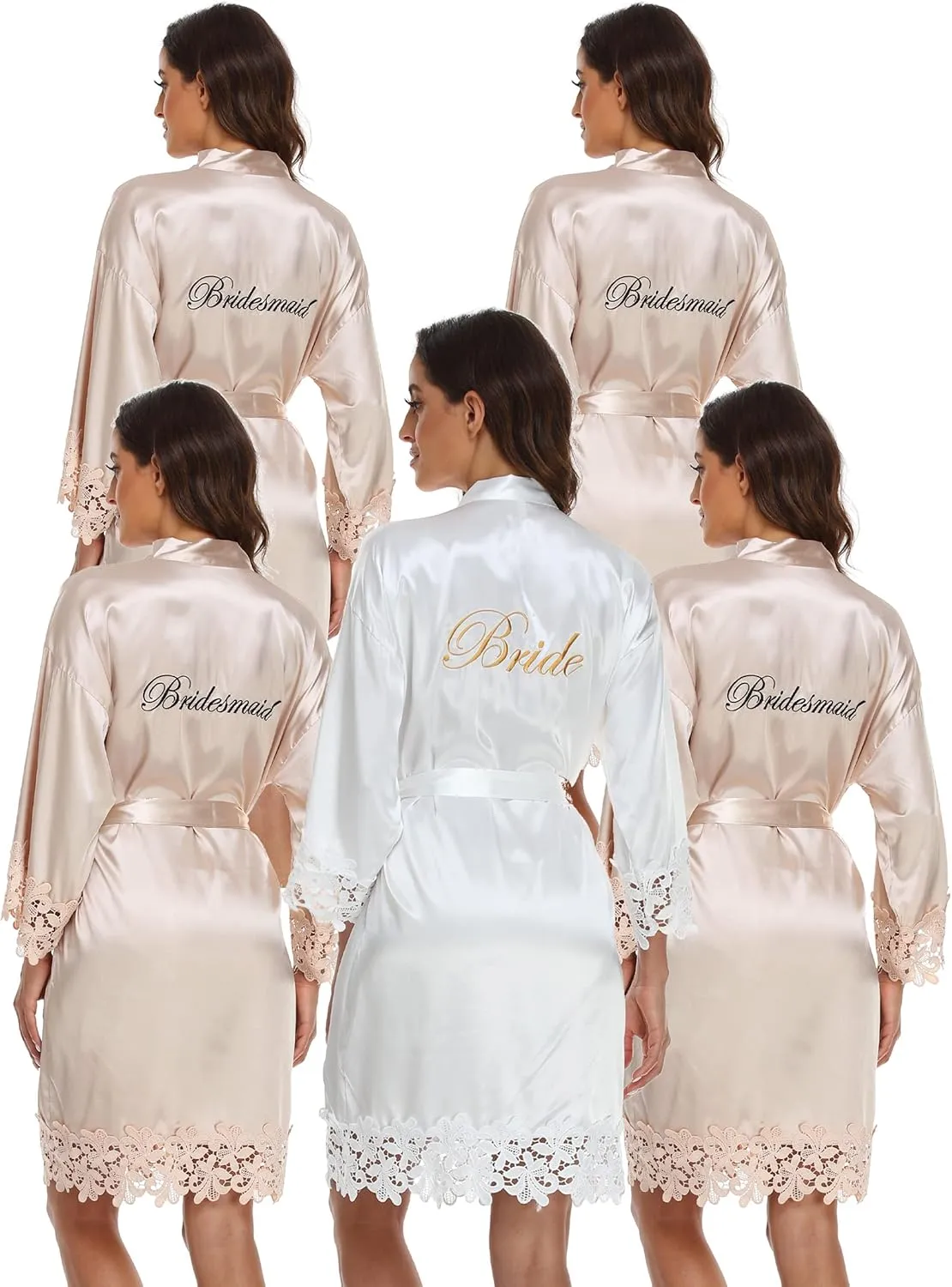 5 Pcs Women's Lace Trim Kimono Robes Bride Bridesmaid Silky Satin Bathrobe with Embroidered Wedding Party Sleepwear
