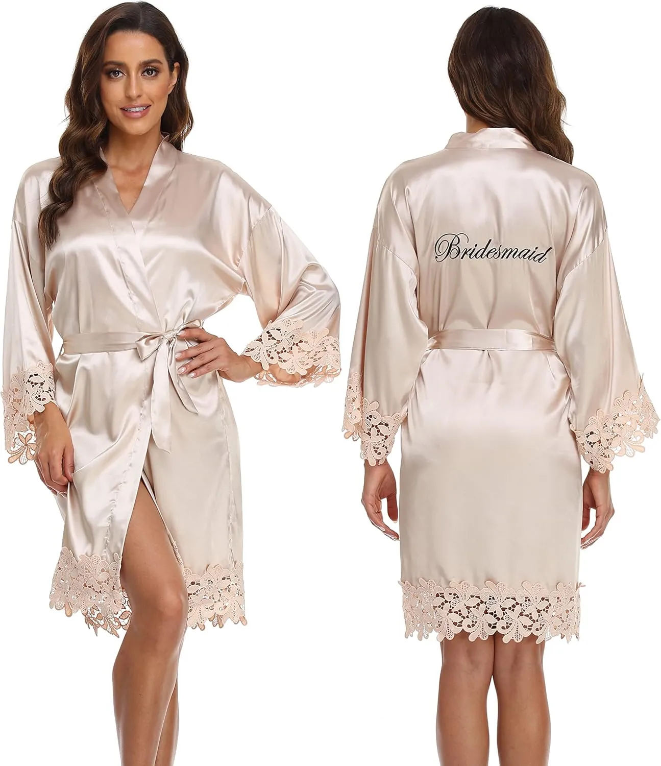5 Pcs Women's Lace Trim Kimono Robes Bride Bridesmaid Silky Satin Bathrobe with Embroidered Wedding Party Sleepwear