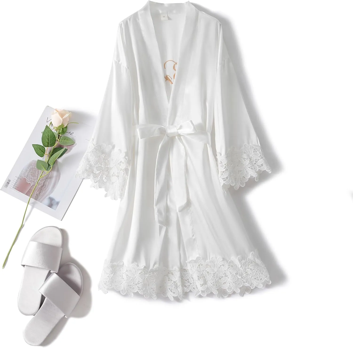 5 Pcs Women's Lace Trim Kimono Robes Bride Bridesmaid Silky Satin Bathrobe with Embroidered Wedding Party Sleepwear