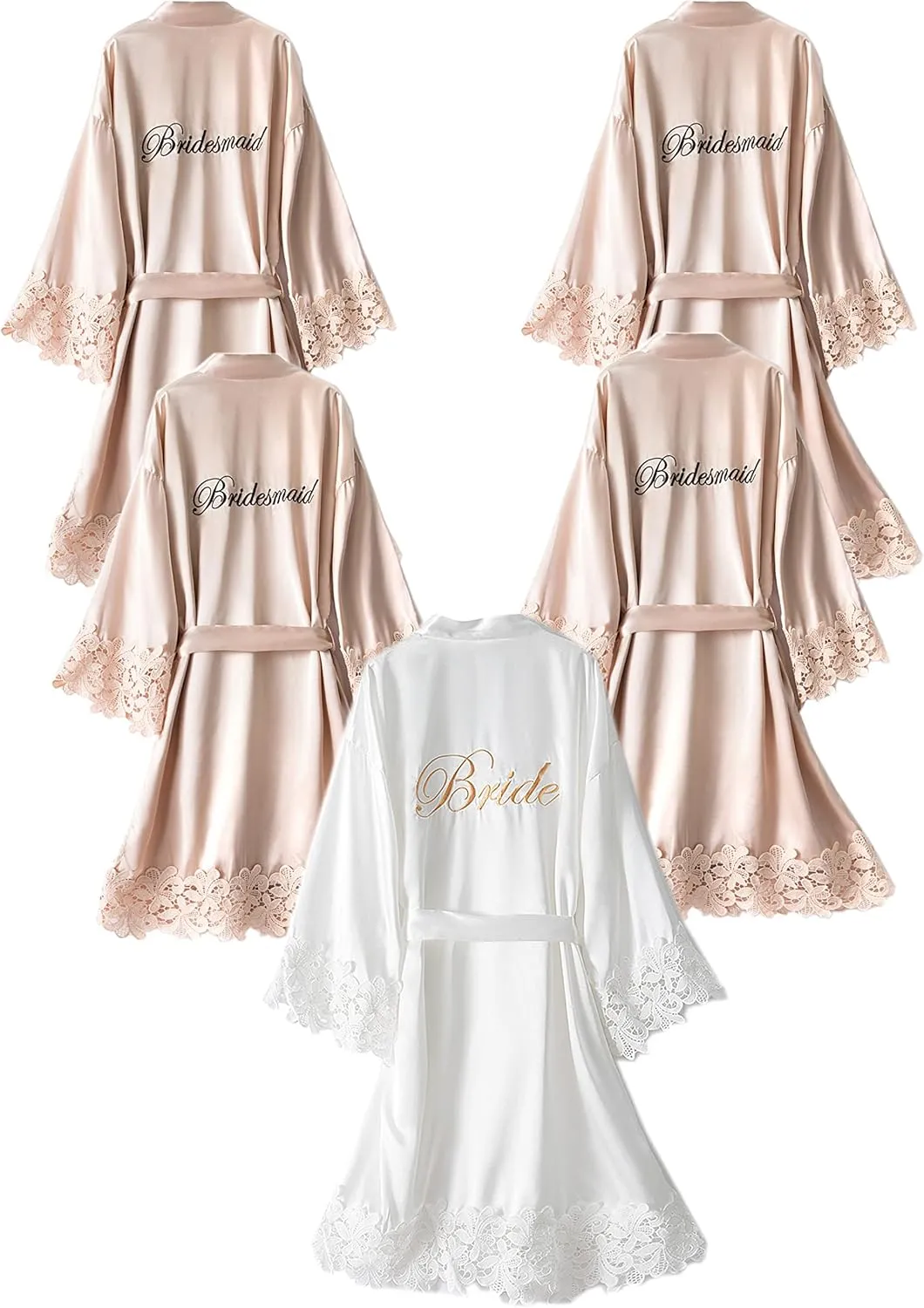 5 Pcs Women's Lace Trim Kimono Robes Bride Bridesmaid Silky Satin Bathrobe with Embroidered Wedding Party Sleepwear