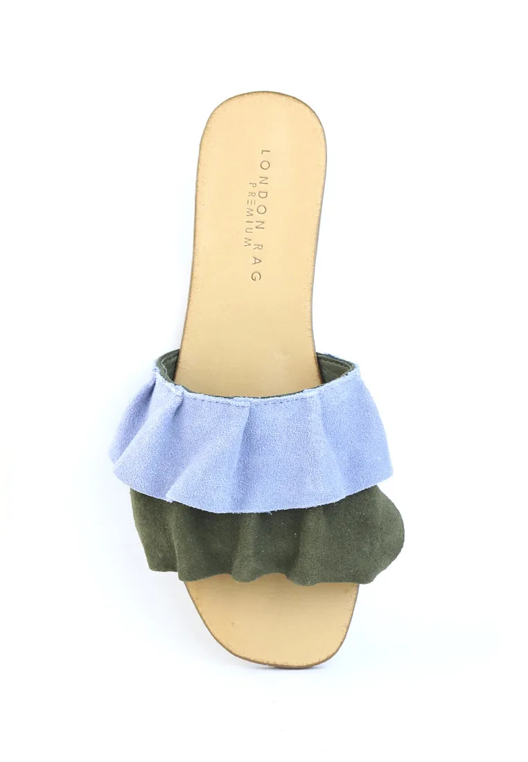 Blue - Green Flat Frill Slip-On Sandal