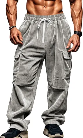 Casual Corduroy Pants for Men Drawstring Stretch Cargo Sweatpants Relaxed Fit Wide Leg Trousers with Multiple Pockets
