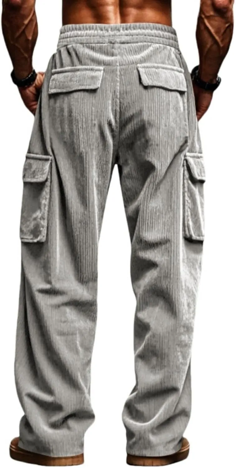 Casual Corduroy Pants for Men Drawstring Stretch Cargo Sweatpants Relaxed Fit Wide Leg Trousers with Multiple Pockets
