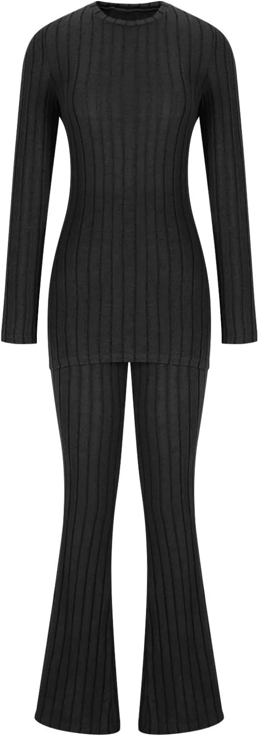 Casual Ribbed Knit Pajamas Set for Women Tunic Tops 2Piece Outfit Loungewear Long Sleeve Crewneck Shirts and Pants