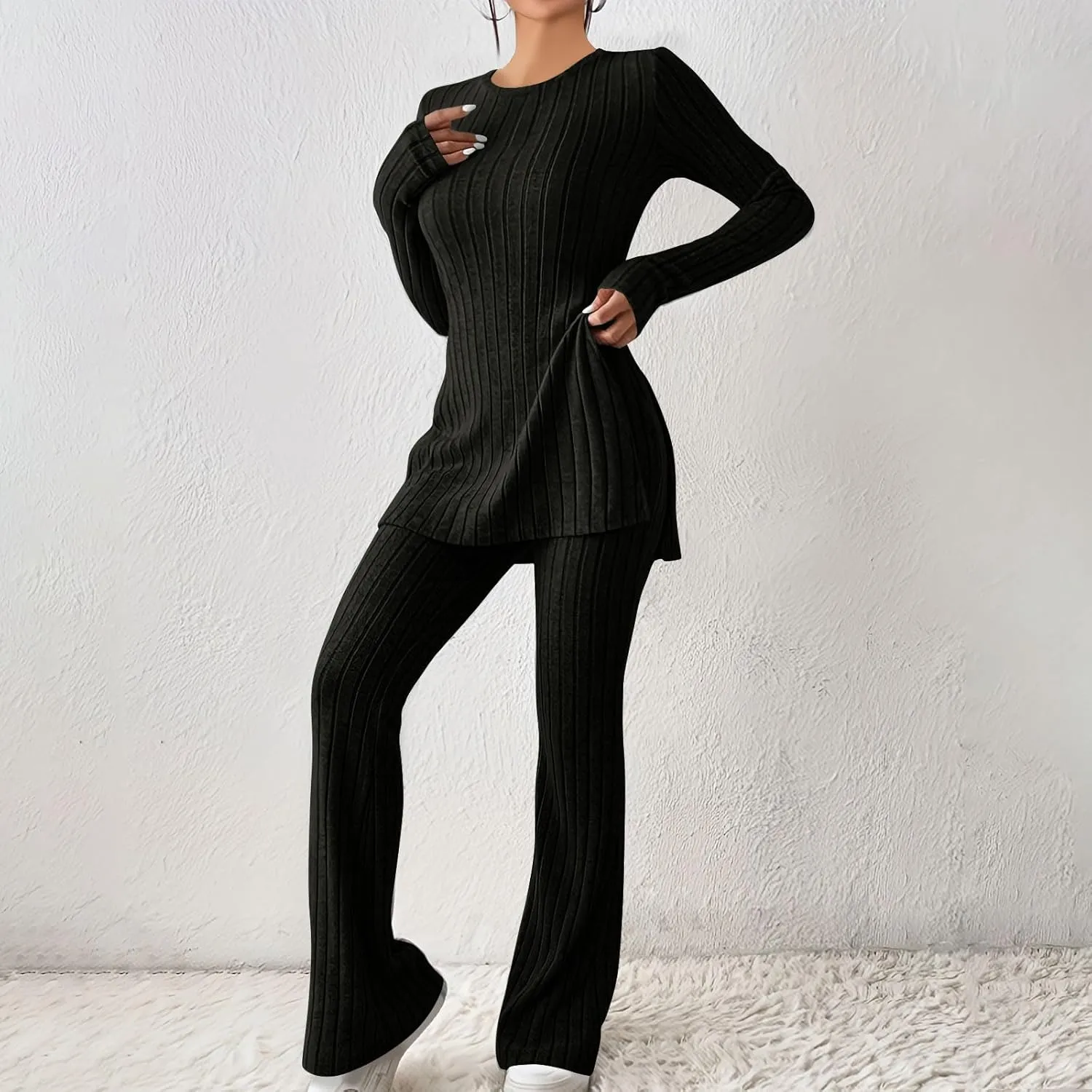 Casual Ribbed Knit Pajamas Set for Women Tunic Tops 2Piece Outfit Loungewear Long Sleeve Crewneck Shirts and Pants