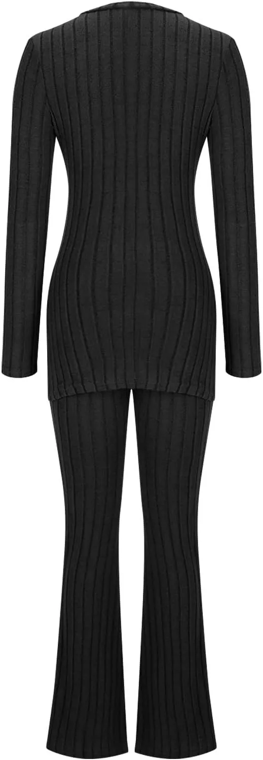 Casual Ribbed Knit Pajamas Set for Women Tunic Tops 2Piece Outfit Loungewear Long Sleeve Crewneck Shirts and Pants