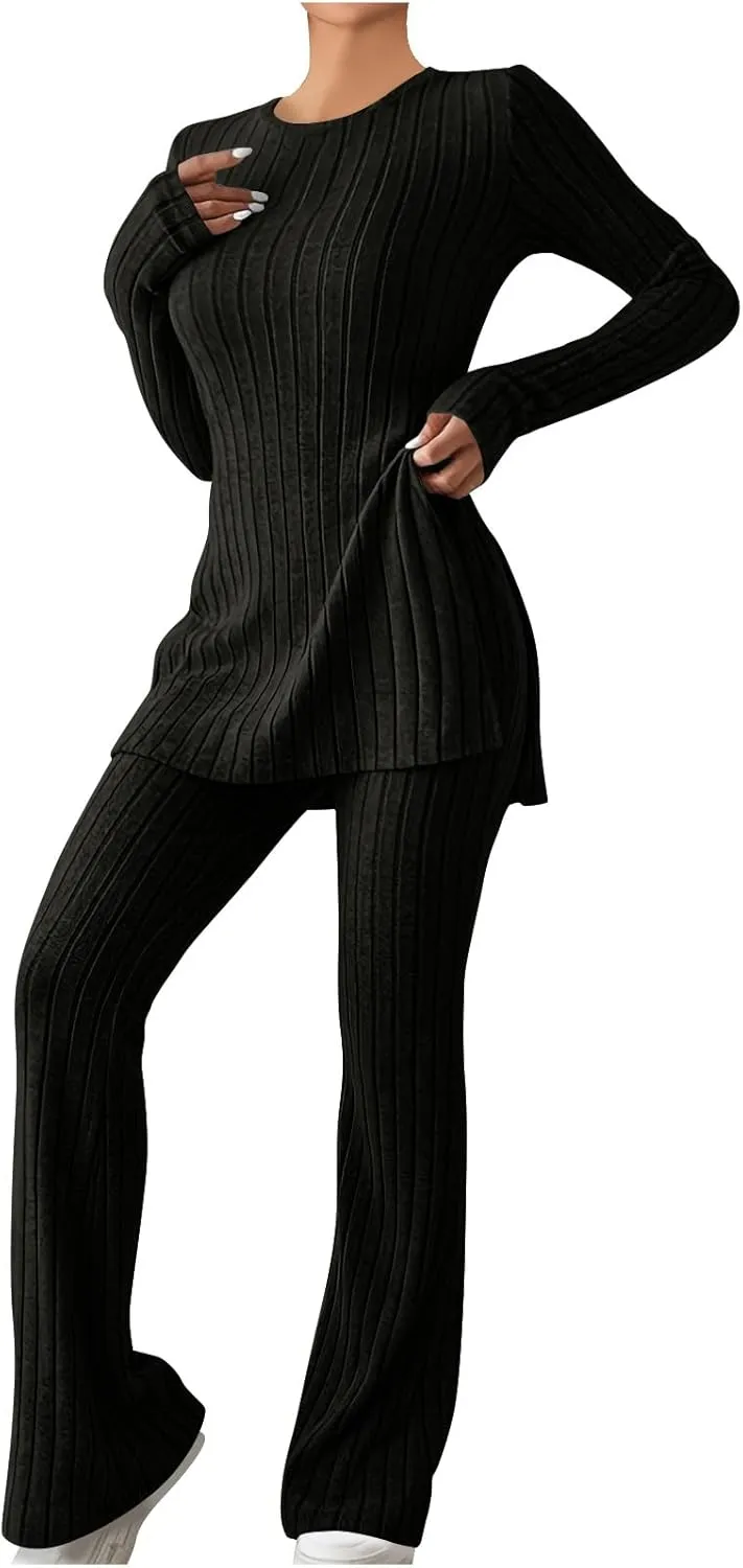 Casual Ribbed Knit Pajamas Set for Women Tunic Tops 2Piece Outfit Loungewear Long Sleeve Crewneck Shirts and Pants