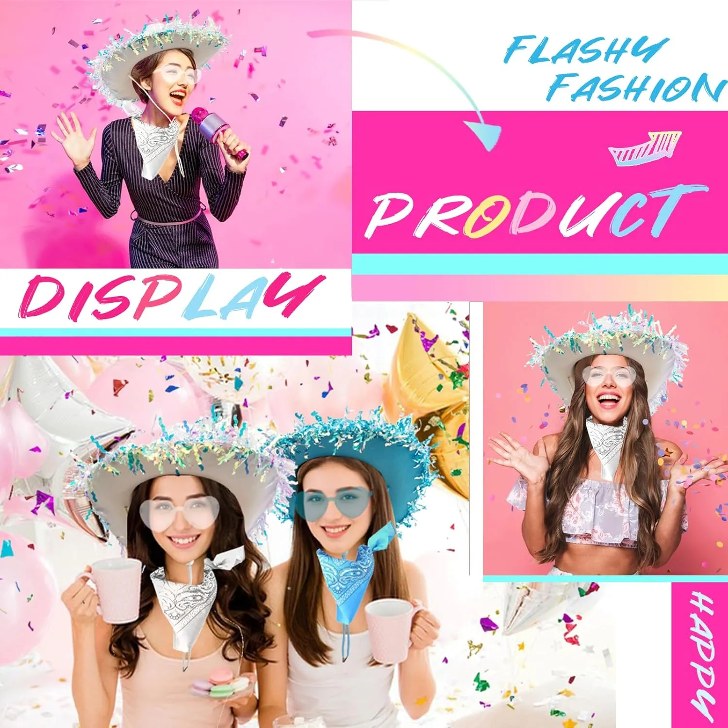 Cowboy Hats with Reflective Sequins for Women, Glitters Foil Brim Cowgirl hats with Bandana Heart Shaped Sunglasses