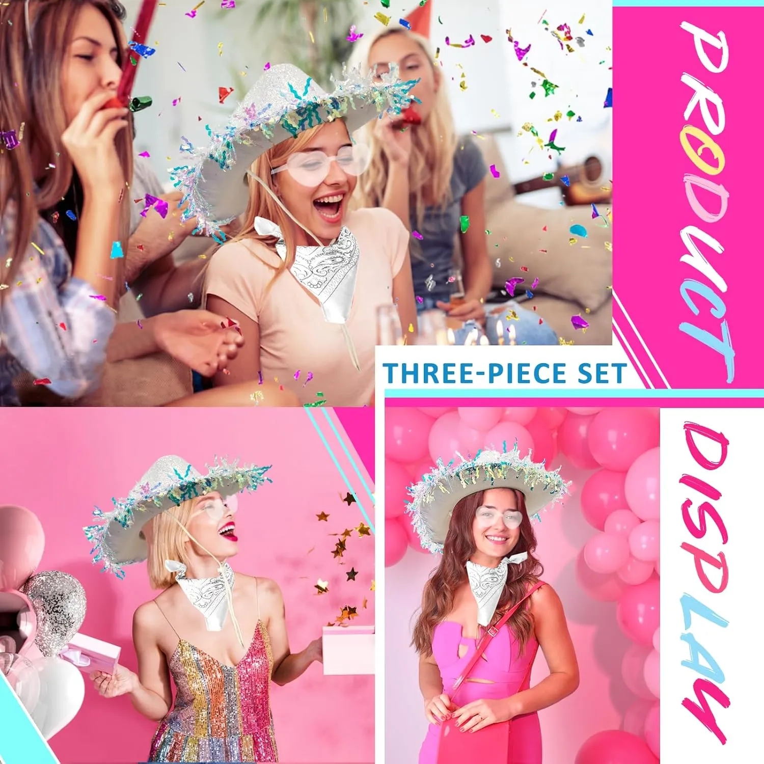 Cowboy Hats with Reflective Sequins for Women, Glitters Foil Brim Cowgirl hats with Bandana Heart Shaped Sunglasses