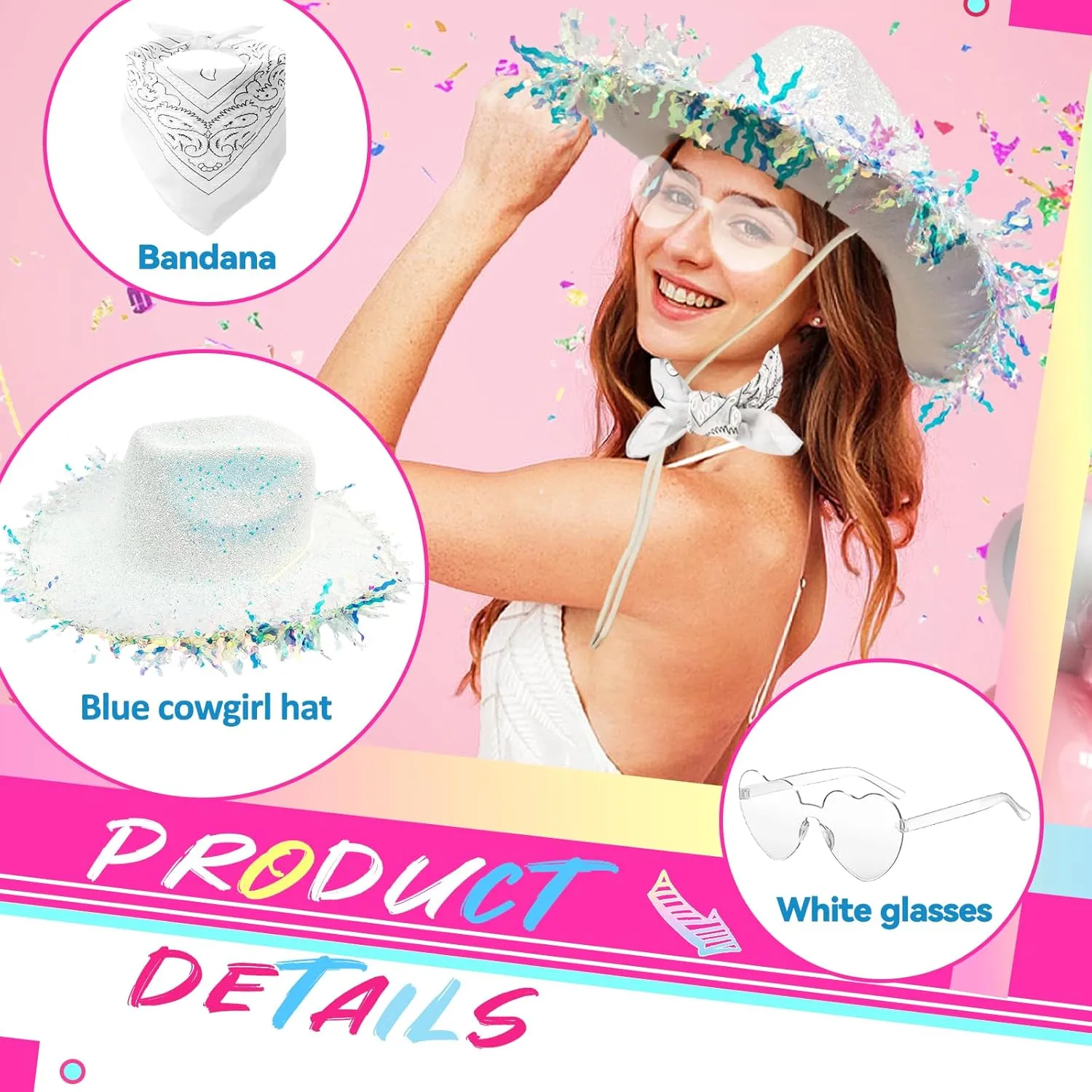 Cowboy Hats with Reflective Sequins for Women, Glitters Foil Brim Cowgirl hats with Bandana Heart Shaped Sunglasses