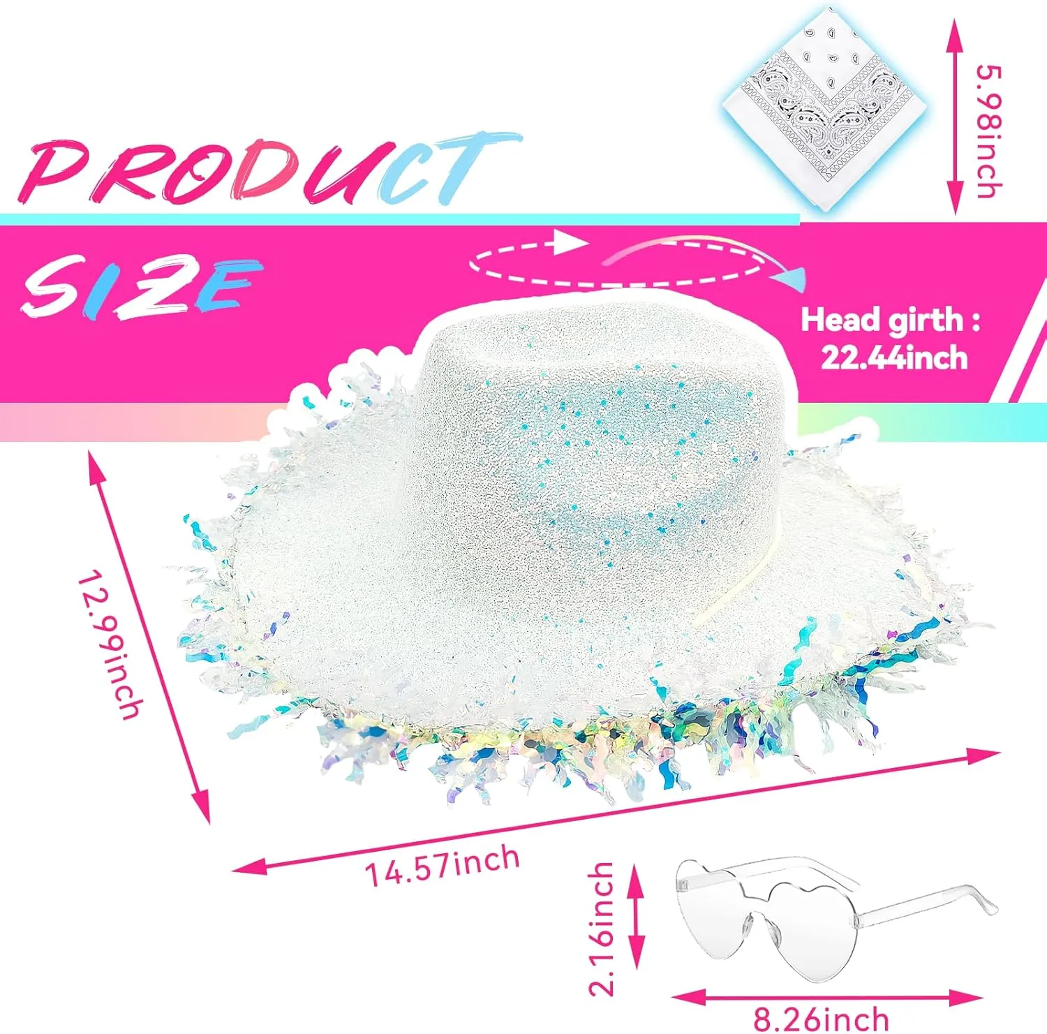 Cowboy Hats with Reflective Sequins for Women, Glitters Foil Brim Cowgirl hats with Bandana Heart Shaped Sunglasses