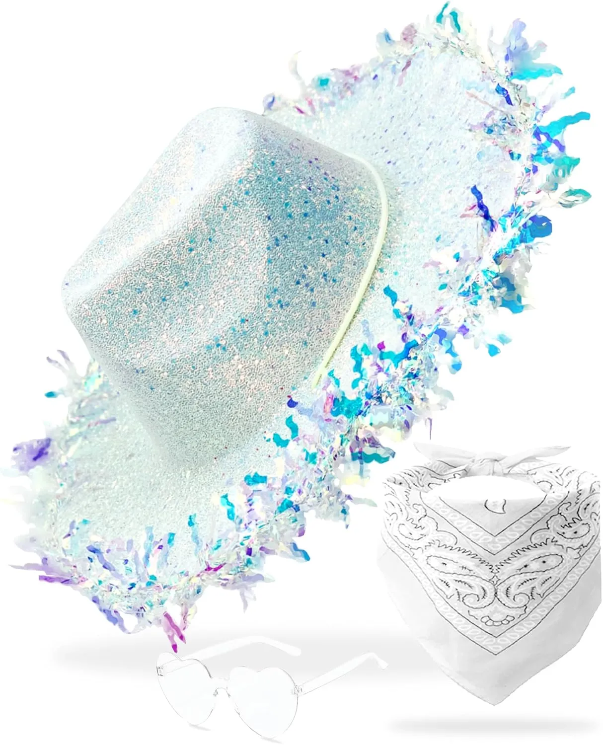 Cowboy Hats with Reflective Sequins for Women, Glitters Foil Brim Cowgirl hats with Bandana Heart Shaped Sunglasses