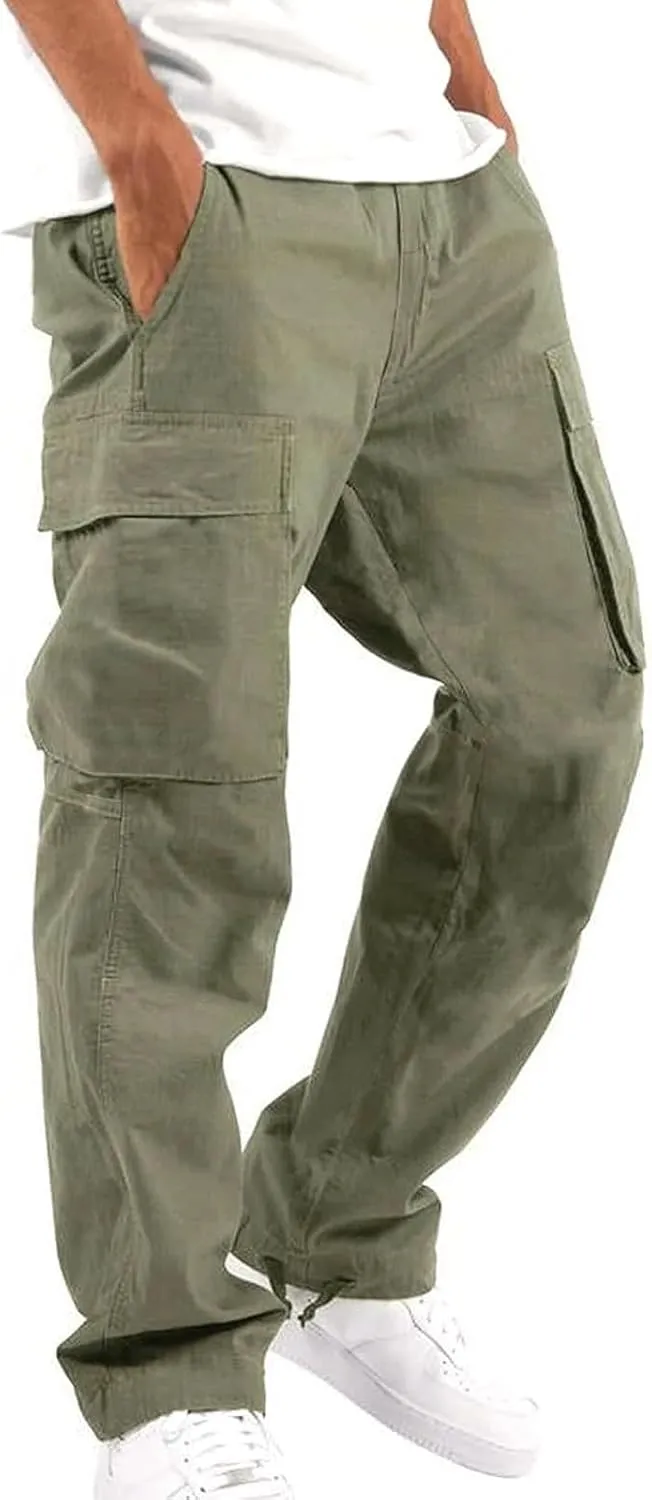 CRNTCEM Straight Cargo Pants for Men Outdoor Hiking Work Pants Elastic Waist Athletic Workout Chinos Casual Pants