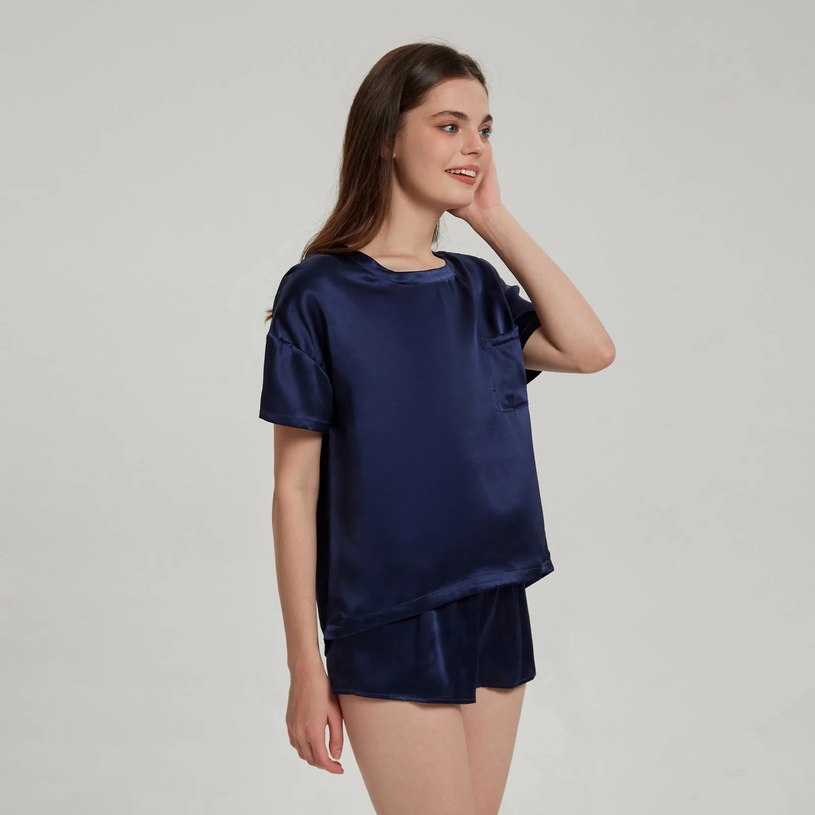 Dark Navy  Washable Silk Tee Set
