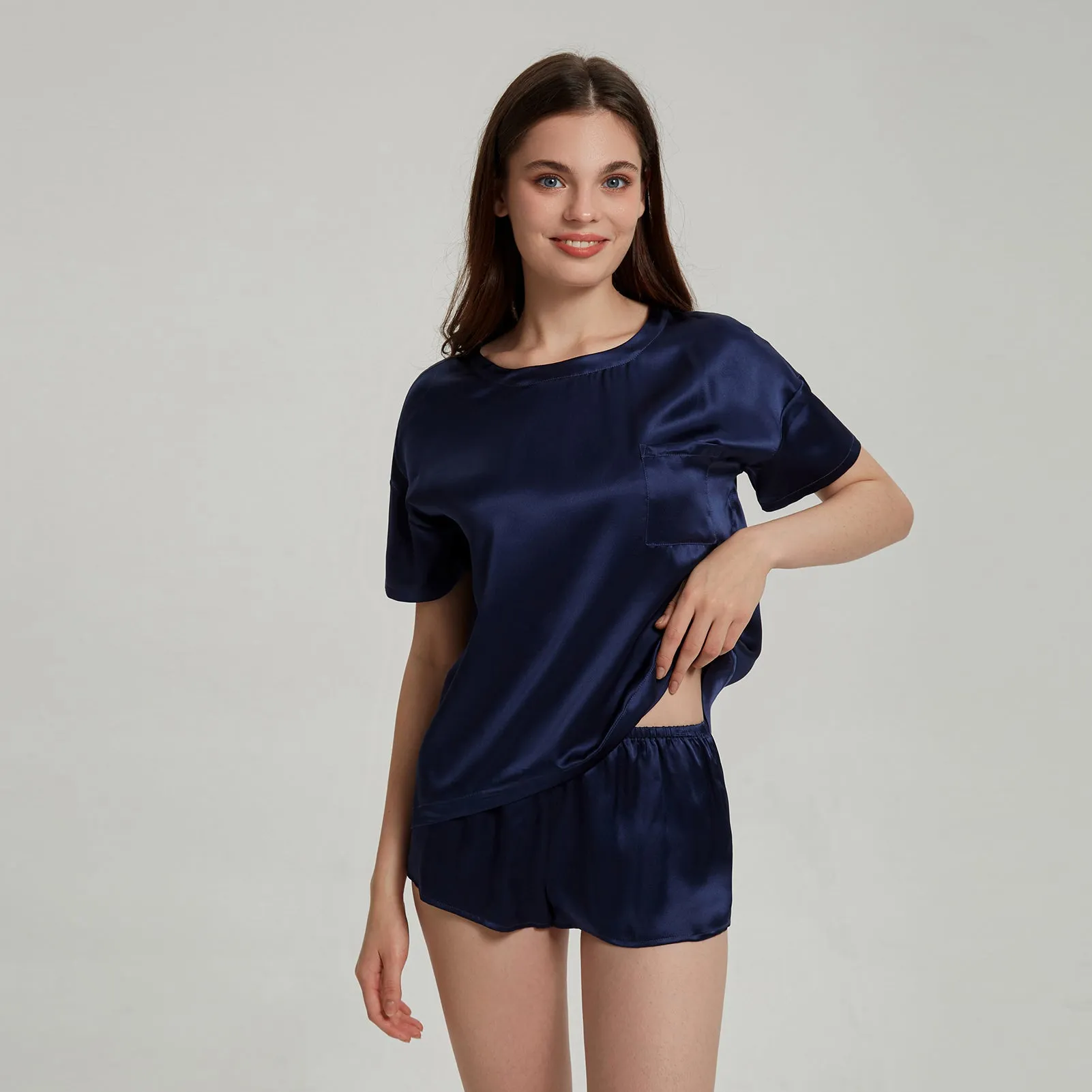 Dark Navy  Washable Silk Tee Set