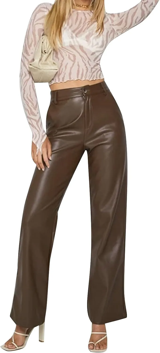 Faretumiya Faux Leather Straight Wide Leg Pants High Waist Casual Solid Color Zipper Pocket PU Trousers Women Streetwear Fall