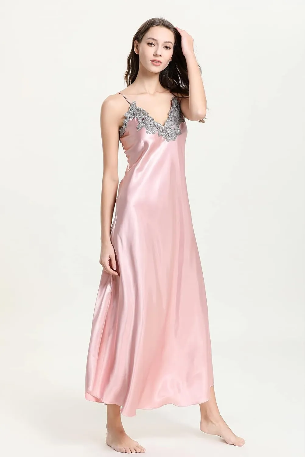 FEOYA Women's 2 Piece Satin Nightgown and Robe Sexy Silk Lace Pajamas Set Long V Neck Sleepwear for Ladies