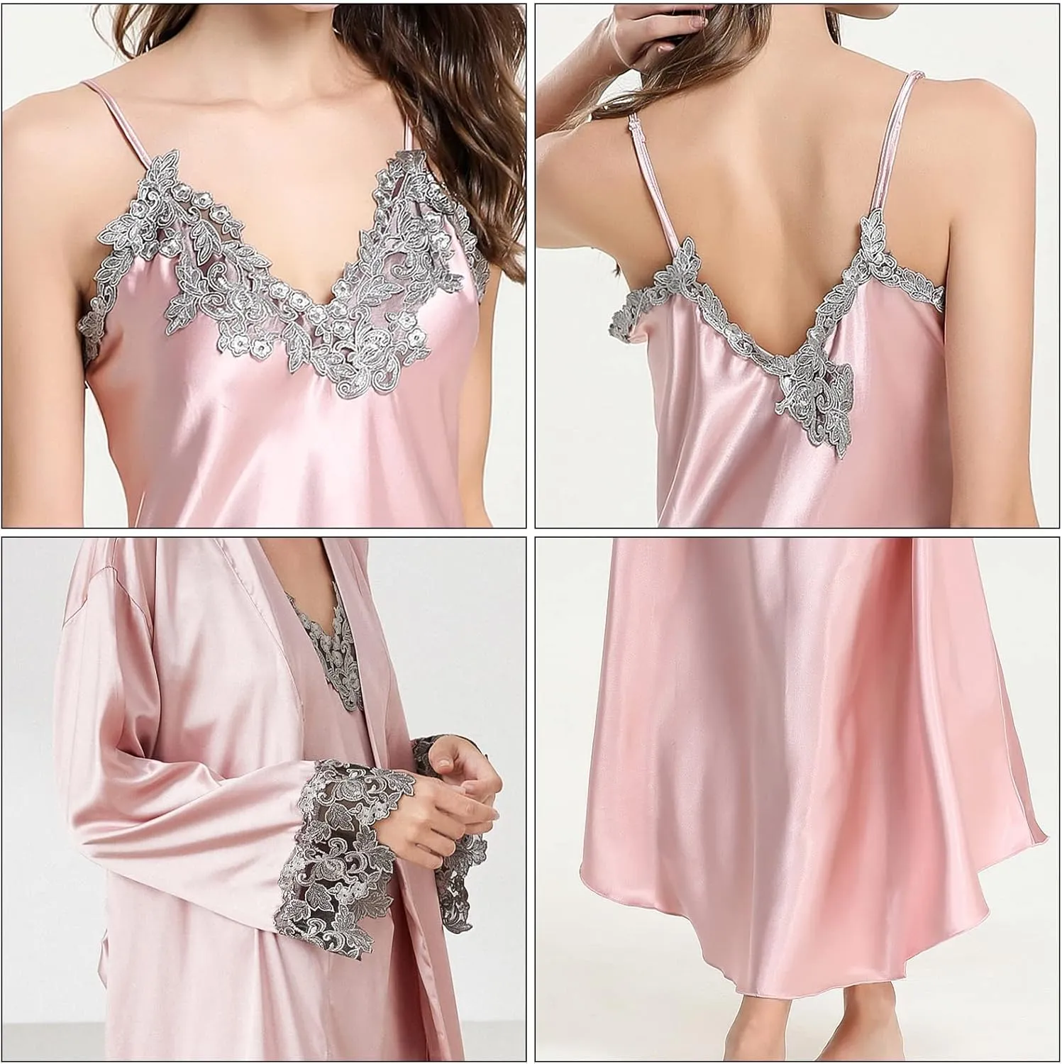 FEOYA Women's 2 Piece Satin Nightgown and Robe Sexy Silk Lace Pajamas Set Long V Neck Sleepwear for Ladies