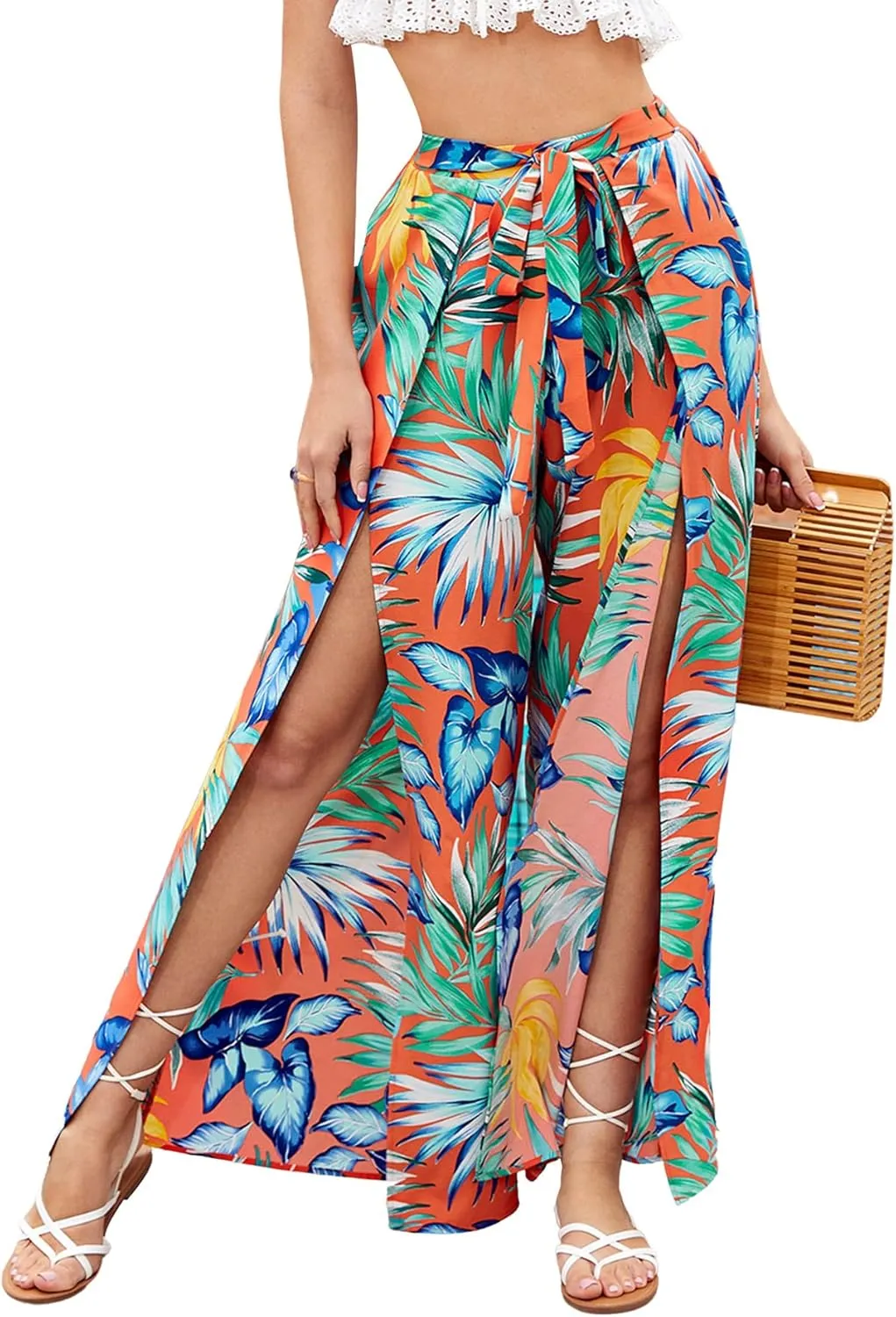 Floerns Women's Ditsy Floral Tie Front Wide Leg Wrap Long Pants