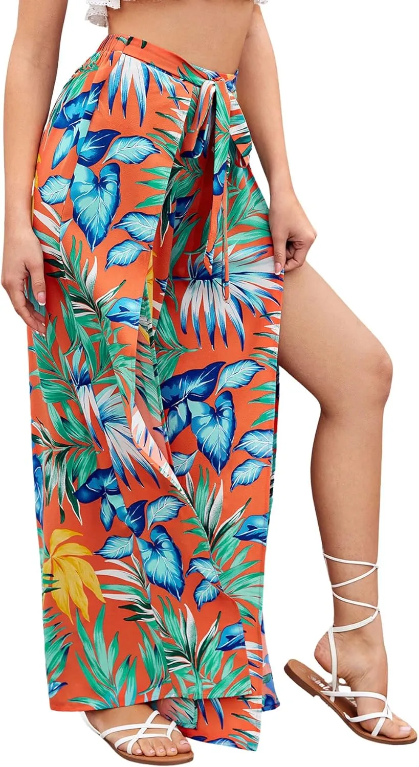 Floerns Women's Ditsy Floral Tie Front Wide Leg Wrap Long Pants