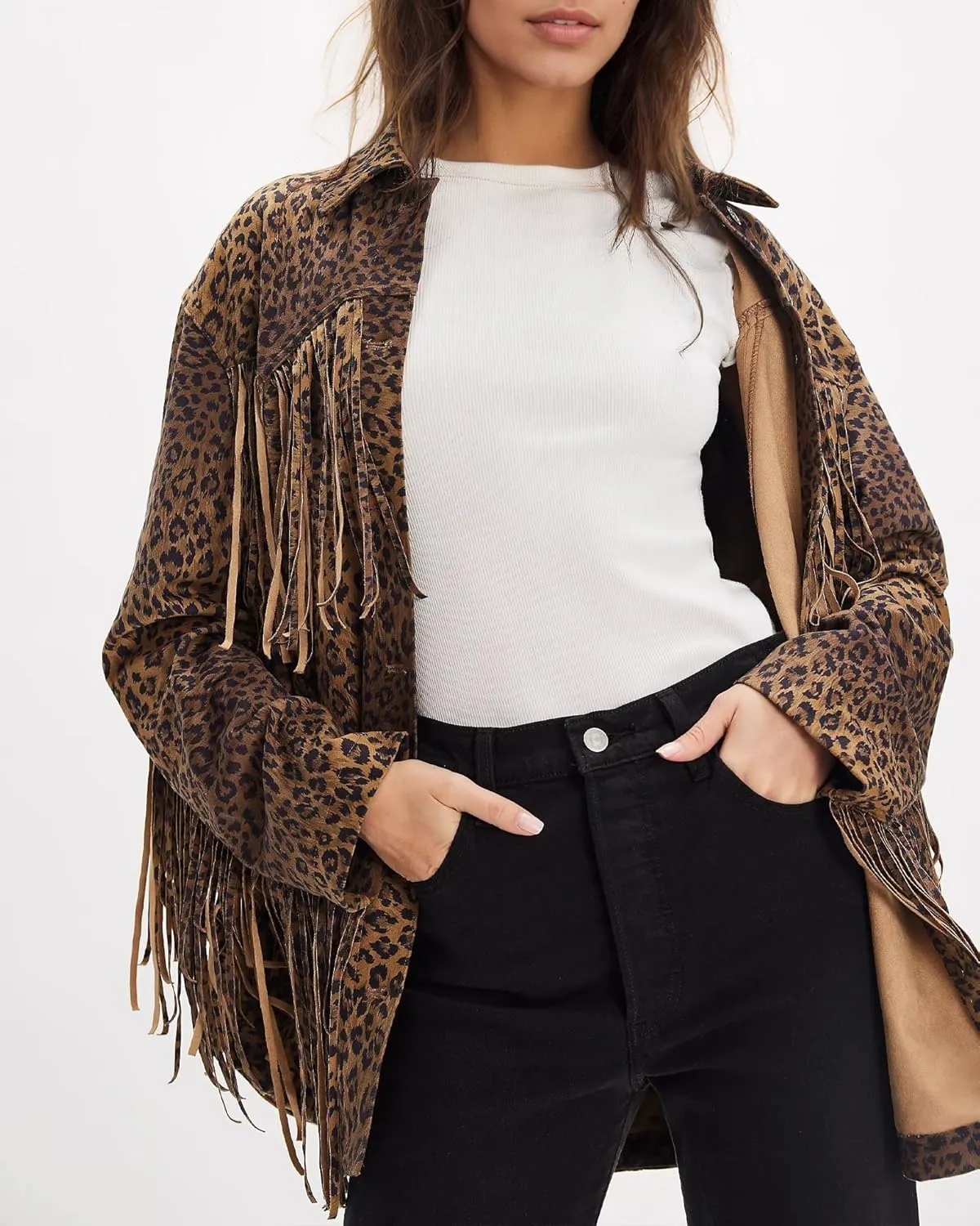 Gacaky Women's Oversized Faux Suede Fringe Jacket Vintage Western Cowgirl Tassel Jackets Country Concert Outfits