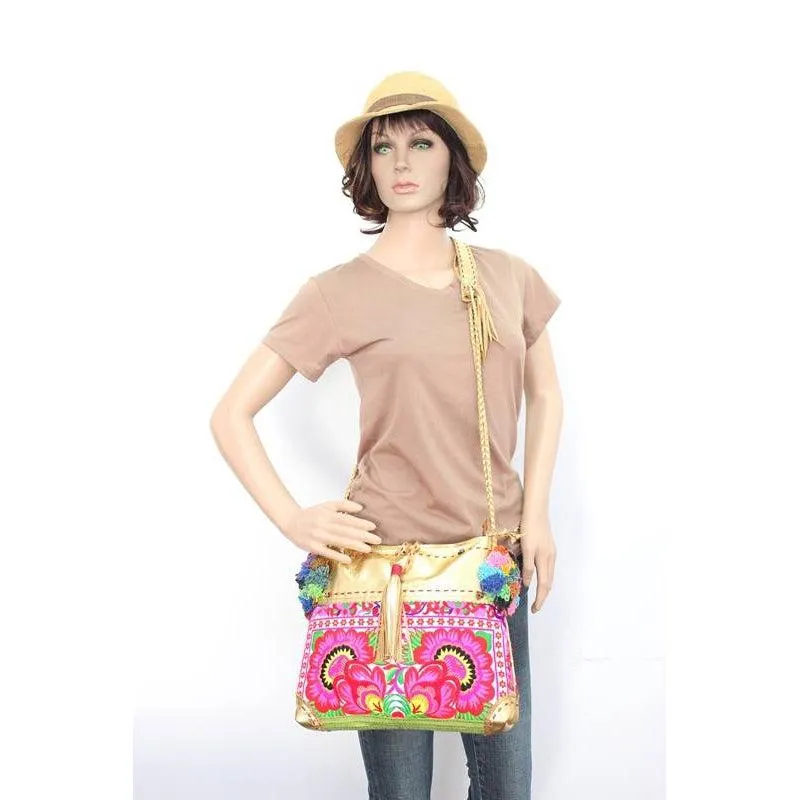Hand Woven Leather Bag Vintage Pom Poms Strap - Thailand