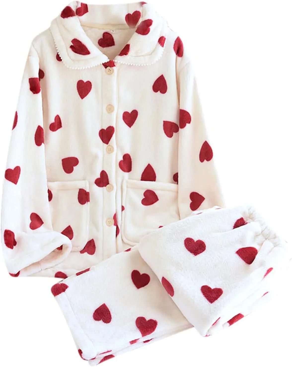 HGps8w Fuzzy Fleece Pajama Sets for Women Cute Heart Graphic Winter Warm Long Sleeve Sleepwear Comfy Plush Pants Lounge Pjs