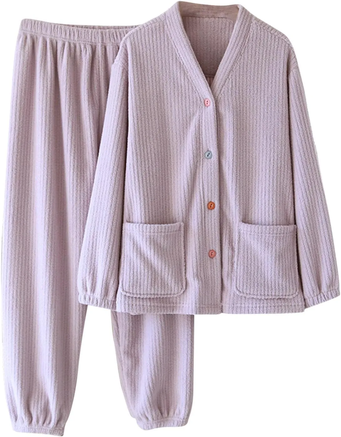 HGps8w Women's Fuzzy Fleece Winter Pajama Sets - Button V Neck Long Sleeve Sleepwear Comfy Fuffy Plush Pants Lounge Pjs