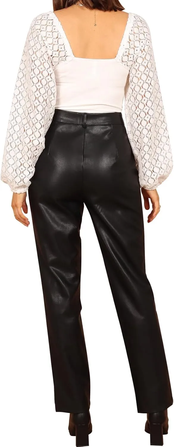 hibshaby Sexy Women Faux Leather Straight Leg Pants High Waisted Pu Leather Leggings Zipper Trousers