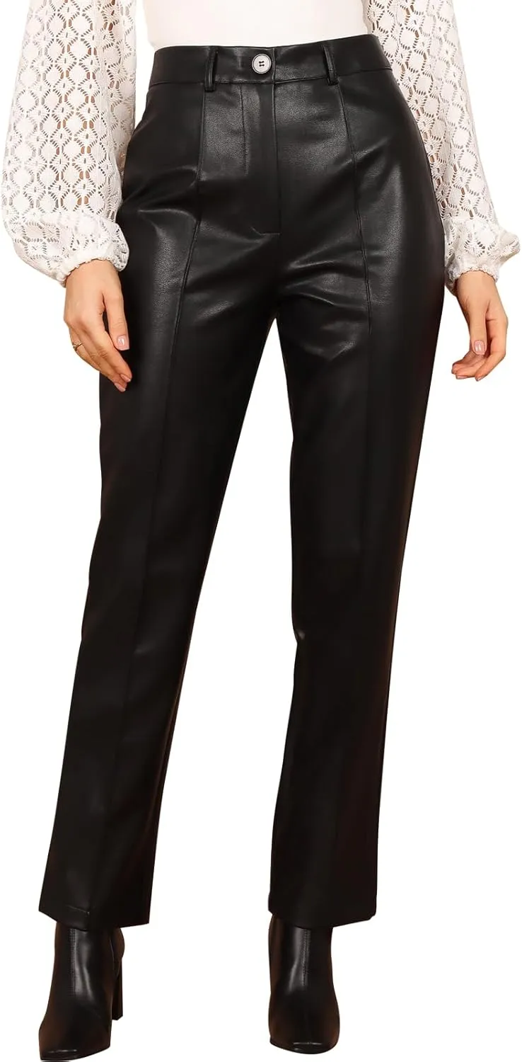 hibshaby Sexy Women Faux Leather Straight Leg Pants High Waisted Pu Leather Leggings Zipper Trousers
