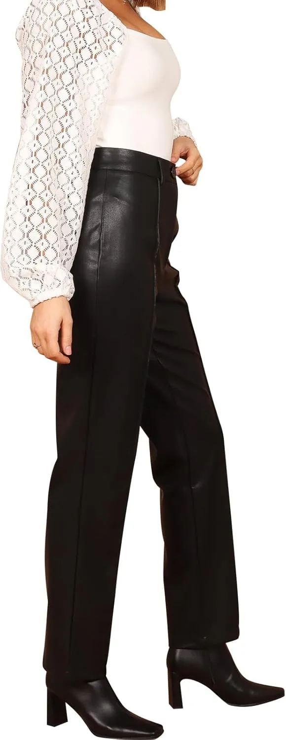 hibshaby Sexy Women Faux Leather Straight Leg Pants High Waisted Pu Leather Leggings Zipper Trousers