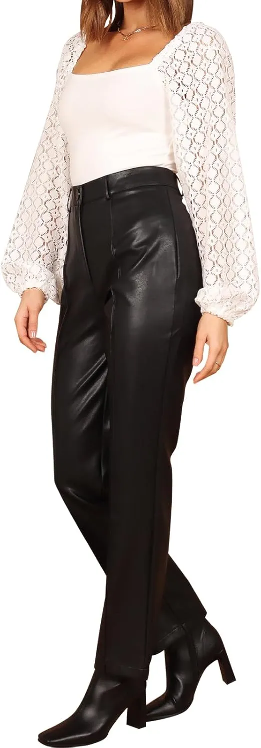hibshaby Sexy Women Faux Leather Straight Leg Pants High Waisted Pu Leather Leggings Zipper Trousers