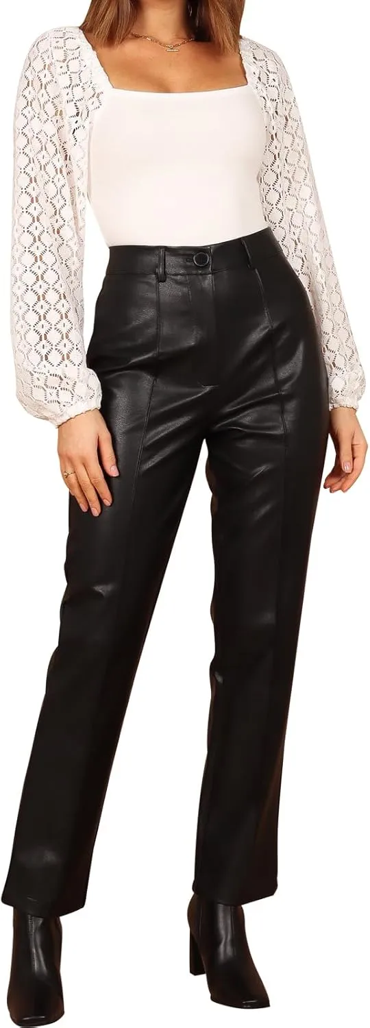 hibshaby Sexy Women Faux Leather Straight Leg Pants High Waisted Pu Leather Leggings Zipper Trousers