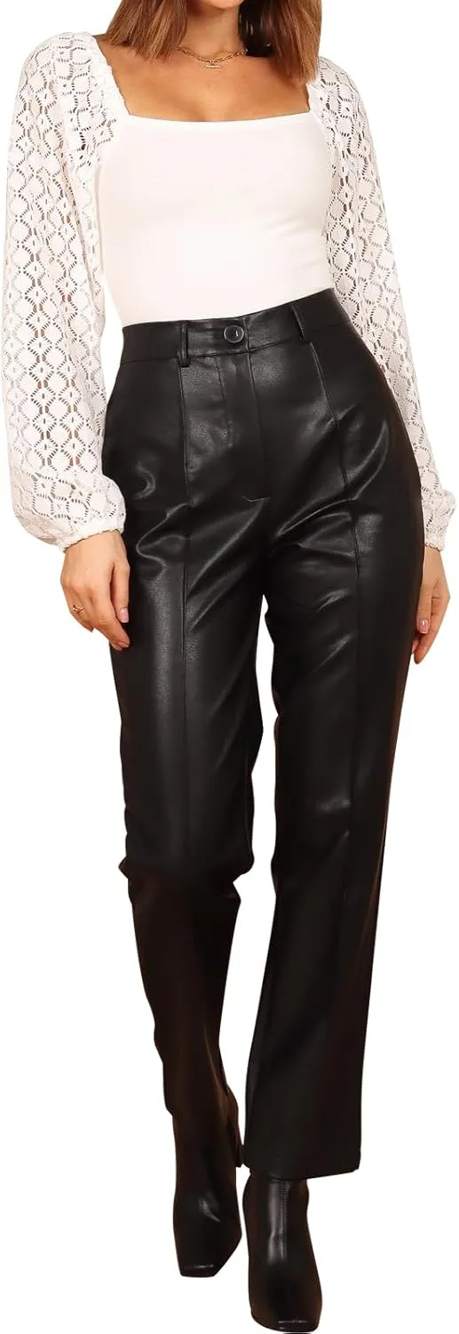 hibshaby Sexy Women Faux Leather Straight Leg Pants High Waisted Pu Leather Leggings Zipper Trousers