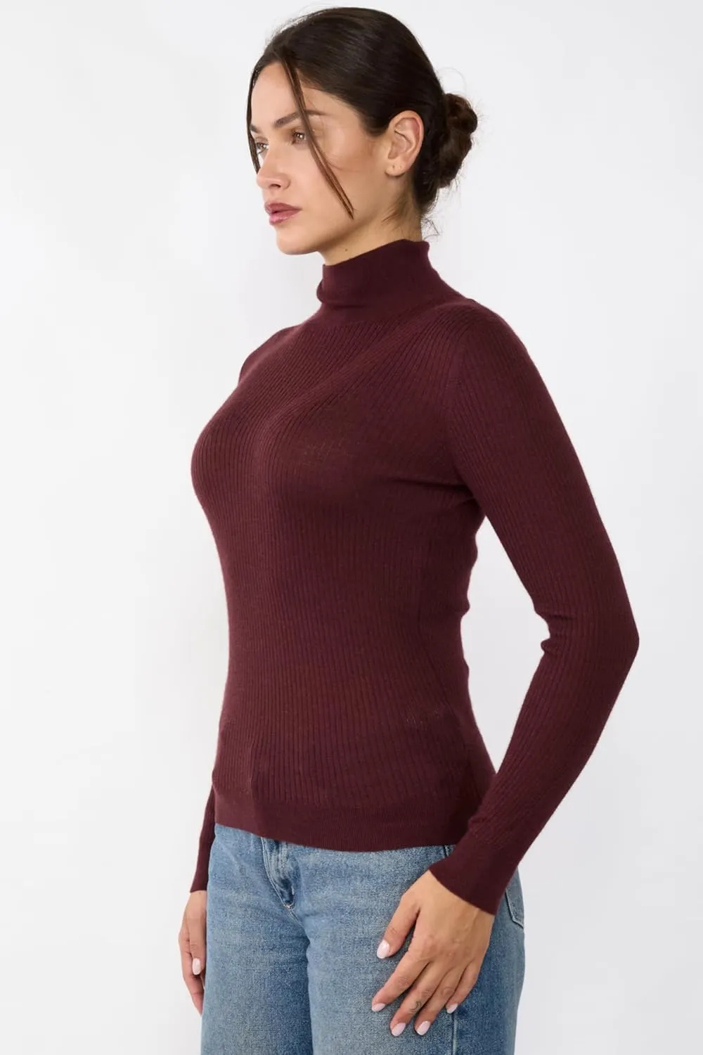JENNIE LIU Tissue Weight Cashmere Silk Rib-Knit Turtleneck Sweater