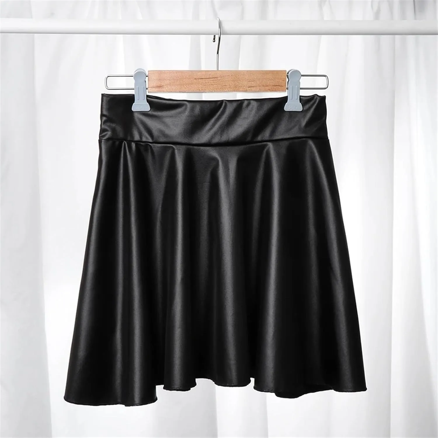 Leather Skater Skirt, Mini A-line Black Pleated High Waist Elastic Mini Short Skirt, Women Faux Leather Skirts (Color : Black, Size : Small)
