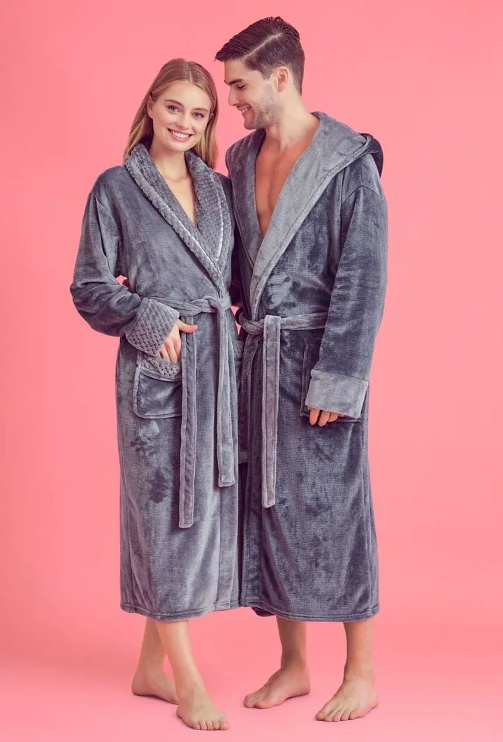 Men Plush Shawl Collar Robe, Fluffy Spa Robes, Winter Warm House & Hotel Robes (Gray)