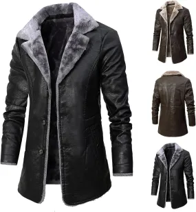 Men's Faux Leather Jacket Thick Faux Fur Shearling Lapel Collar Botton Down Long Trench Coats Long Pu Leather Jacket