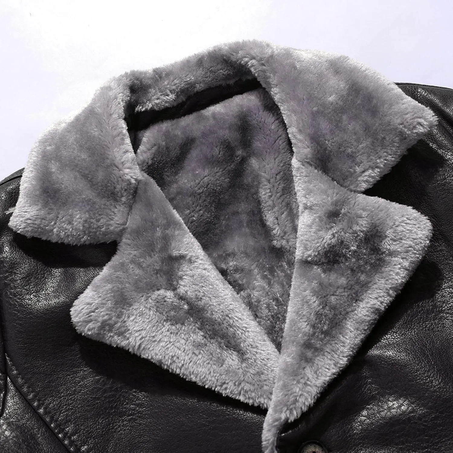 Men's Faux Leather Jacket Thick Faux Fur Shearling Lapel Collar Botton Down Long Trench Coats Long Pu Leather Jacket