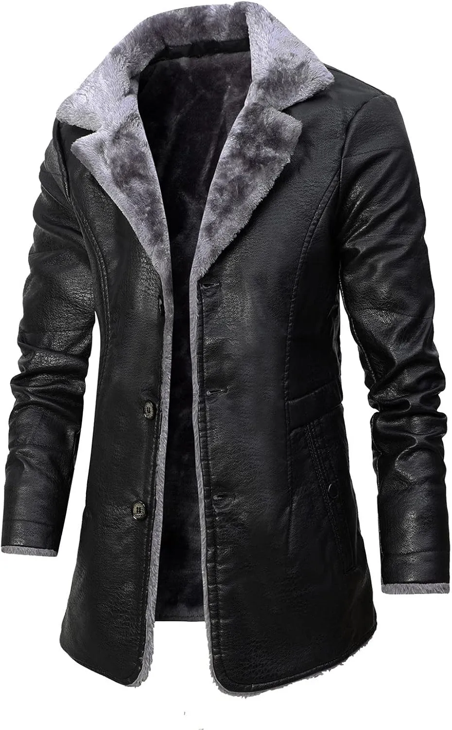 Men's Faux Leather Jacket Thick Faux Fur Shearling Lapel Collar Botton Down Long Trench Coats Long Pu Leather Jacket