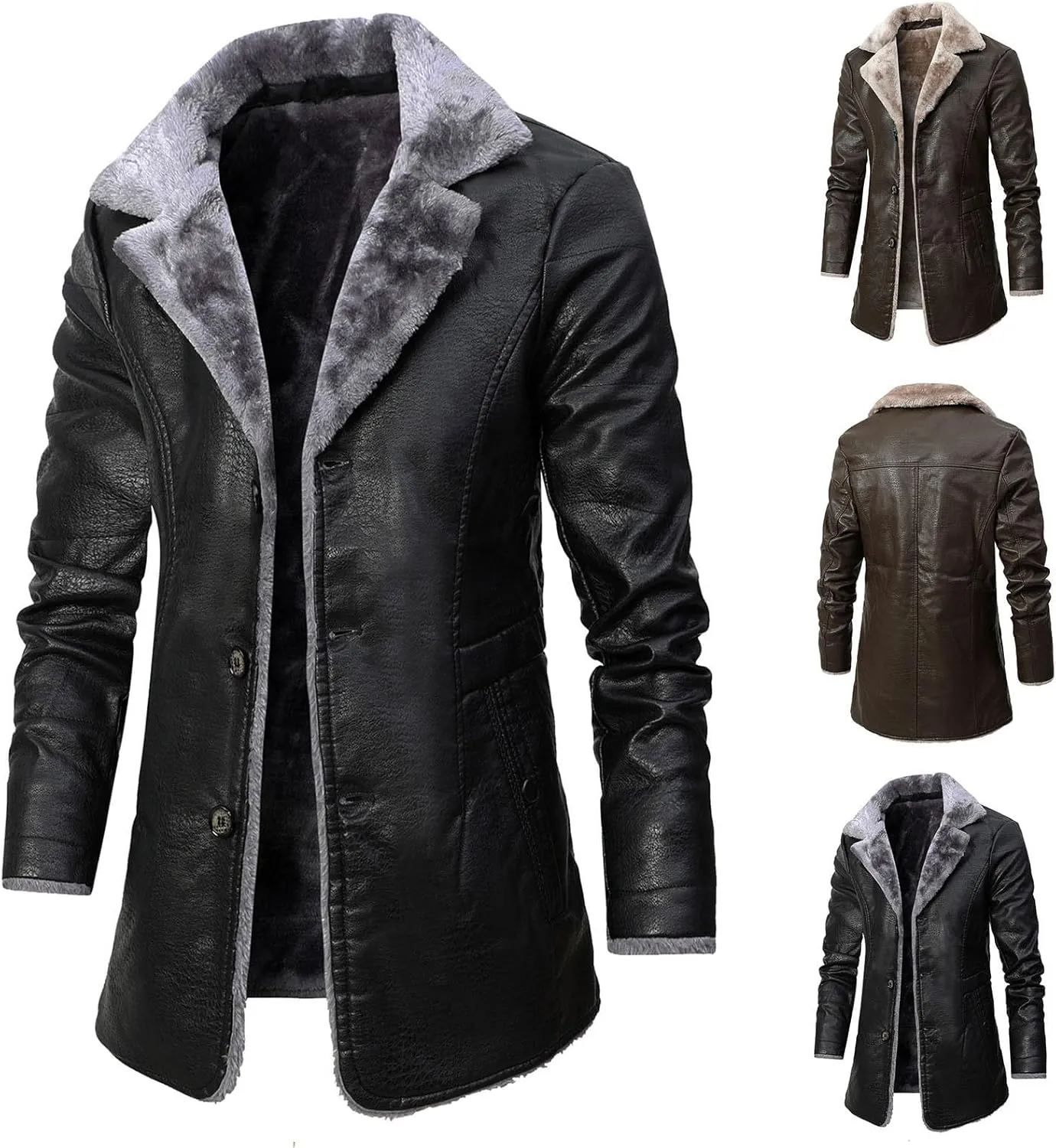 Men's Faux Leather Jacket Thick Faux Fur Shearling Lapel Collar Botton Down Long Trench Coats Long Pu Leather Jacket