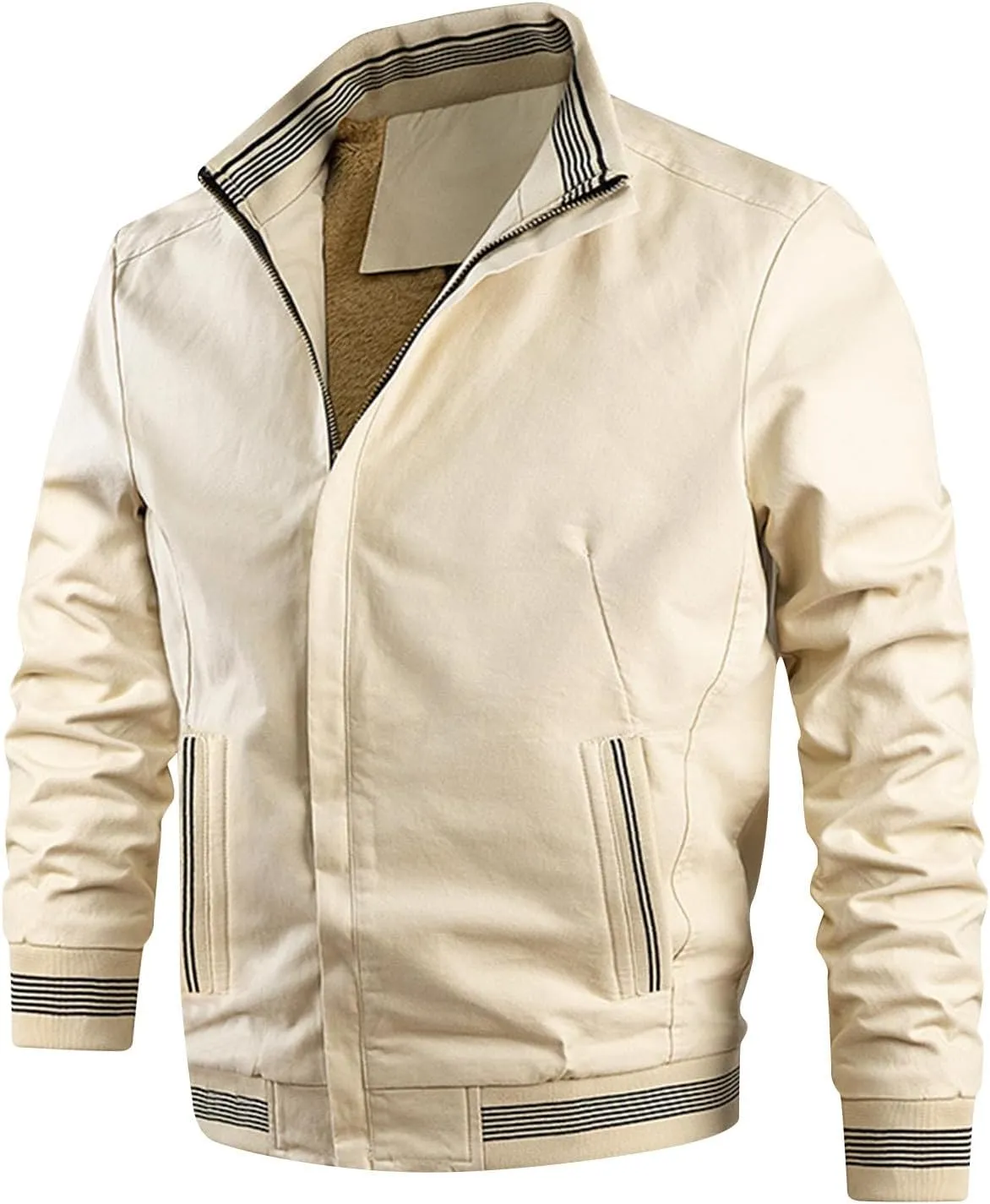 Mens Sherpa Lined Jacket Full-Zip Winter Stand Collar Bomber Jacket Outdoor Recreation Work Cargo Outerwear with Pocket