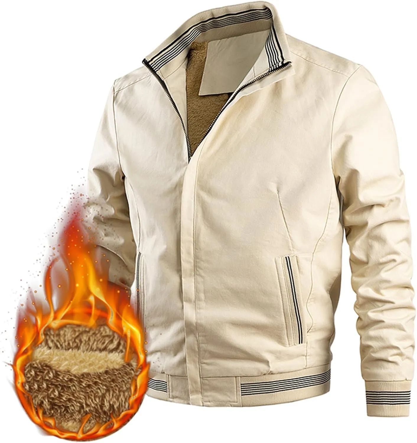 Mens Sherpa Lined Jacket Full-Zip Winter Stand Collar Bomber Jacket Outdoor Recreation Work Cargo Outerwear with Pocket
