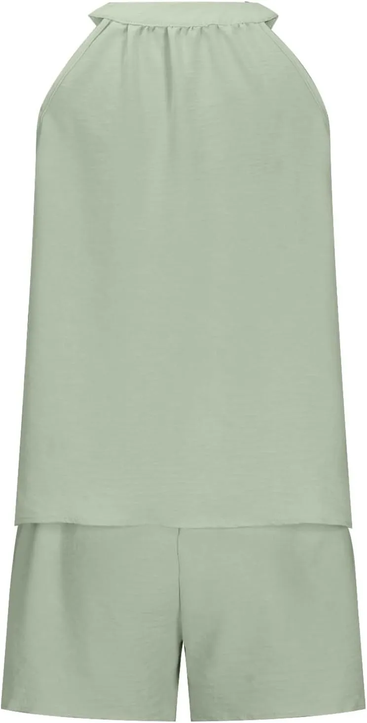 midelxp Linen Short Sets for Women Summer Lounge Outfits High Waisted Shorts V Neck Halter Tops Comfy Soft Cute Pajama Sets