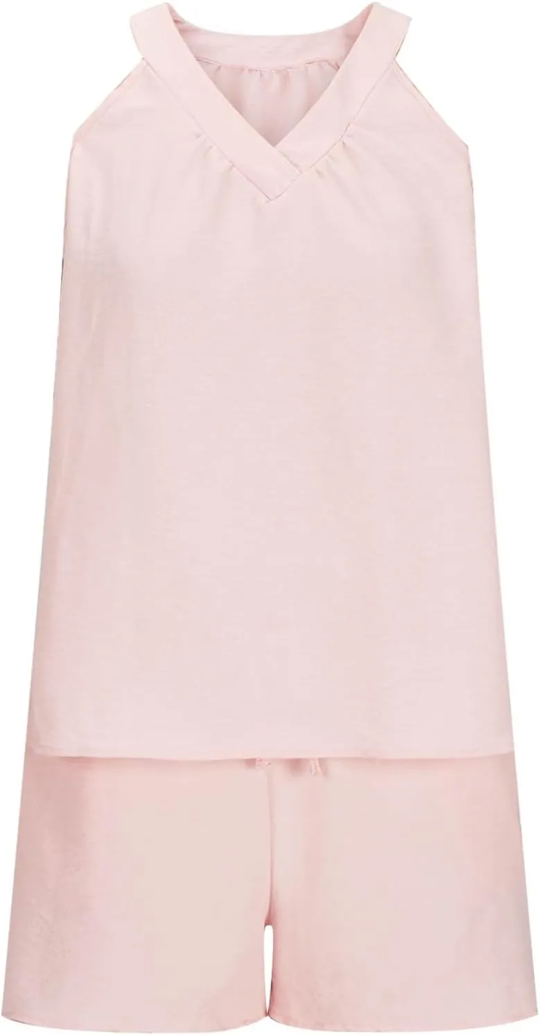 midelxp Linen Short Sets for Women Summer Lounge Outfits High Waisted Shorts V Neck Halter Tops Comfy Soft Cute Pajama Sets