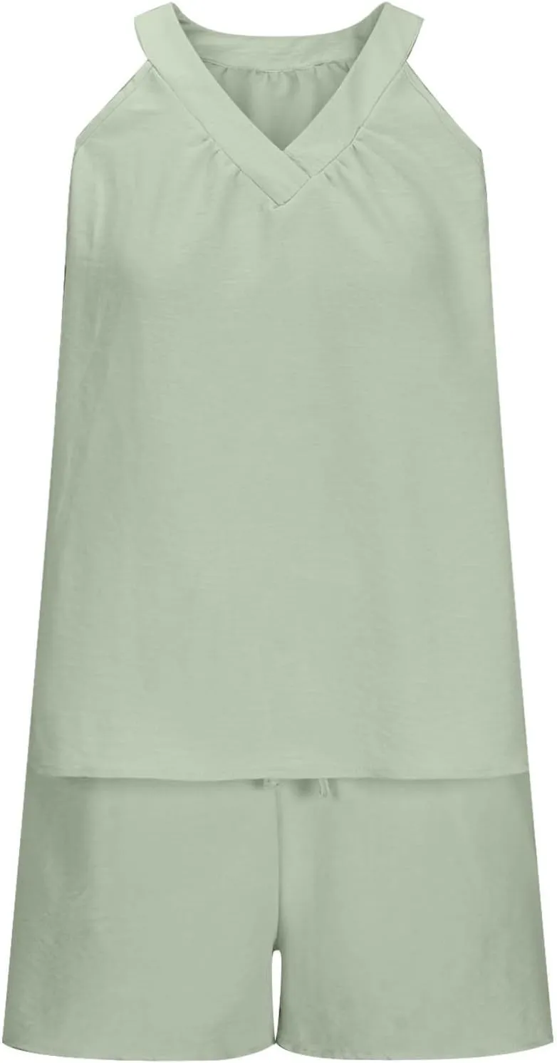 midelxp Linen Short Sets for Women Summer Lounge Outfits High Waisted Shorts V Neck Halter Tops Comfy Soft Cute Pajama Sets