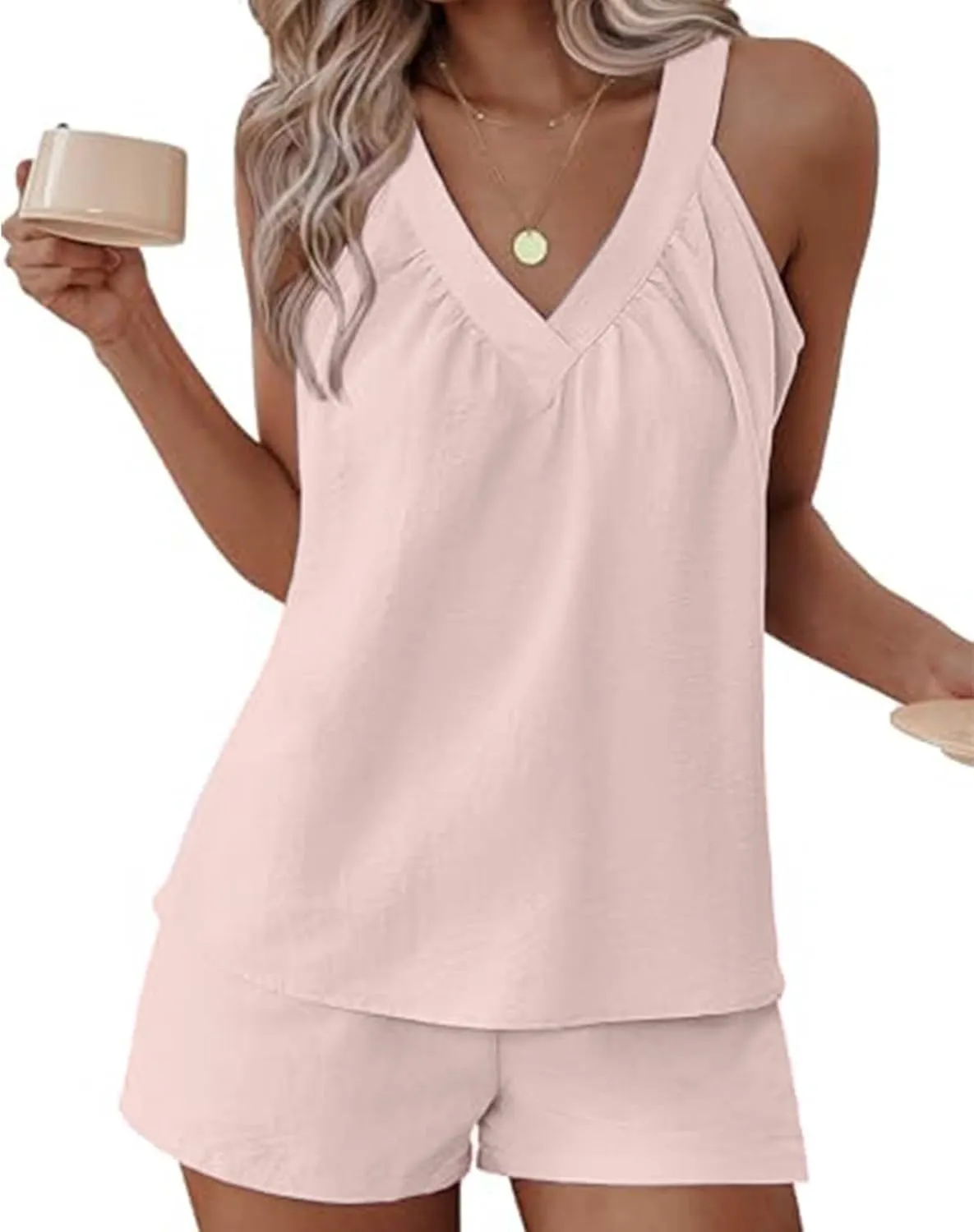 midelxp Linen Short Sets for Women Summer Lounge Outfits High Waisted Shorts V Neck Halter Tops Comfy Soft Cute Pajama Sets