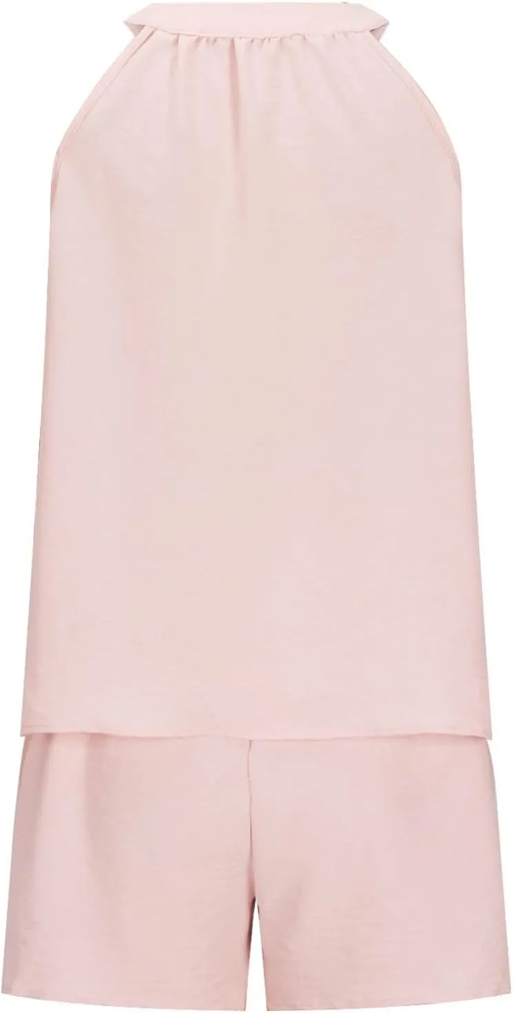 midelxp Linen Short Sets for Women Summer Lounge Outfits High Waisted Shorts V Neck Halter Tops Comfy Soft Cute Pajama Sets