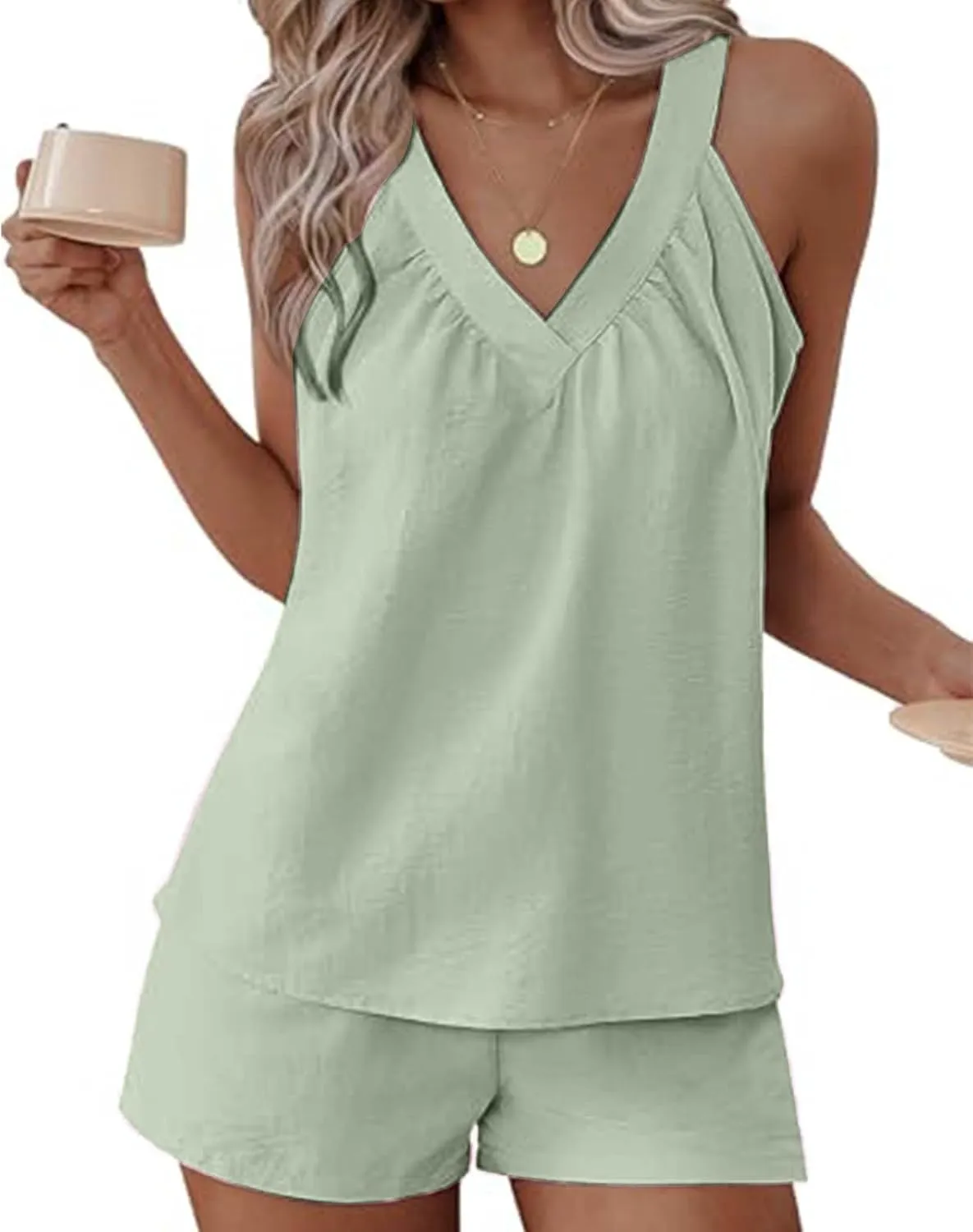 midelxp Linen Short Sets for Women Summer Lounge Outfits High Waisted Shorts V Neck Halter Tops Comfy Soft Cute Pajama Sets