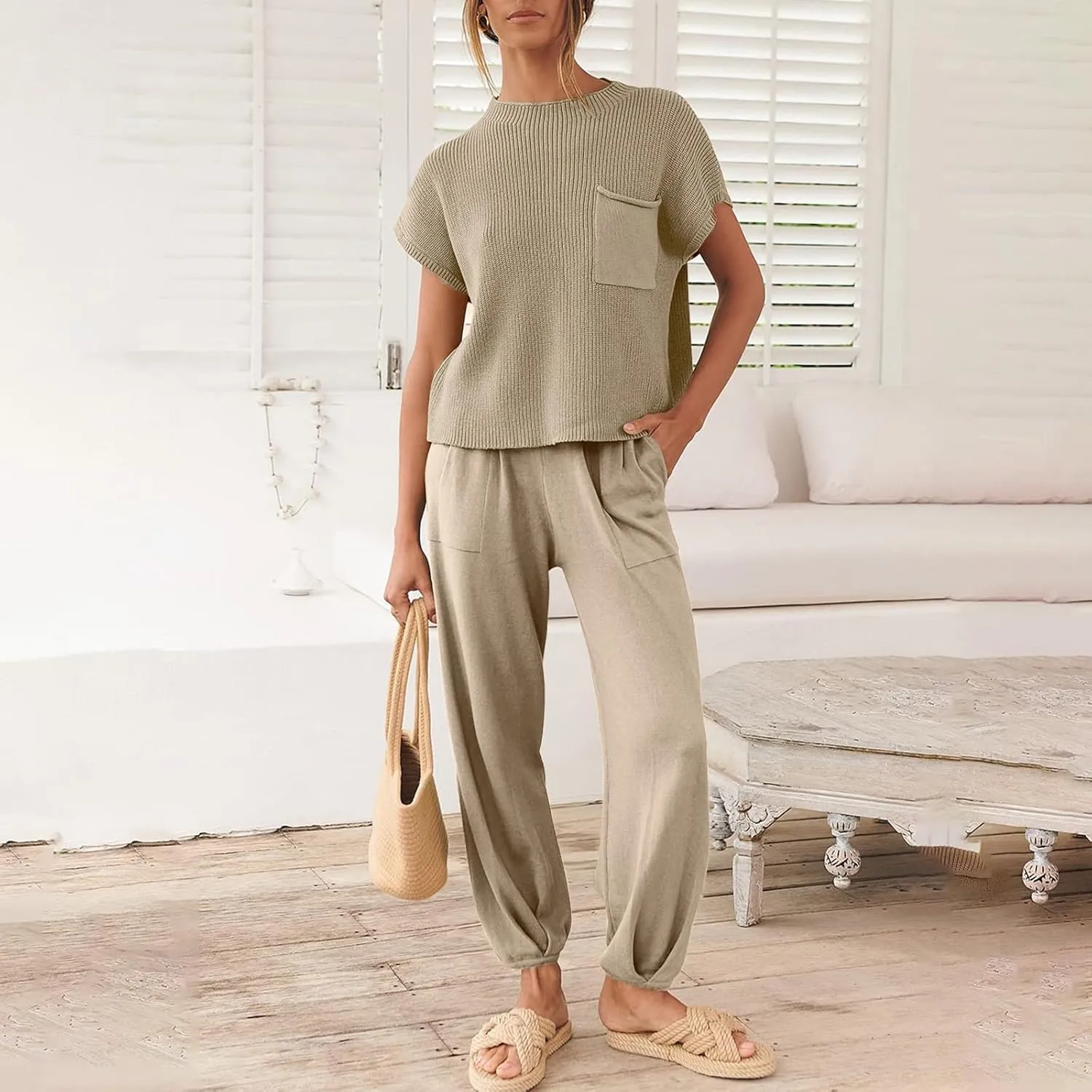 midelxp Womens Two Piece Outfits Casual Sweater Sets Knit Cap Sleeve Tops High Waisted Pants with Pockets Summer Lounge Sets